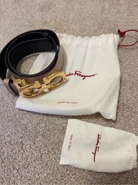Salvatore Ferragamo Black and Brown Reversible Leather Belt with Gold Gancini